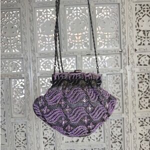 Purple Beaded Sequin Kisslock Clutch Crossbody Bag Fairy Regency Prom Glam
